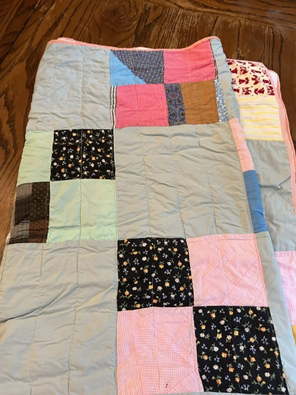 Handmade Vintage Patchwork Quilt With Multi-Color Squares & Pink Trim